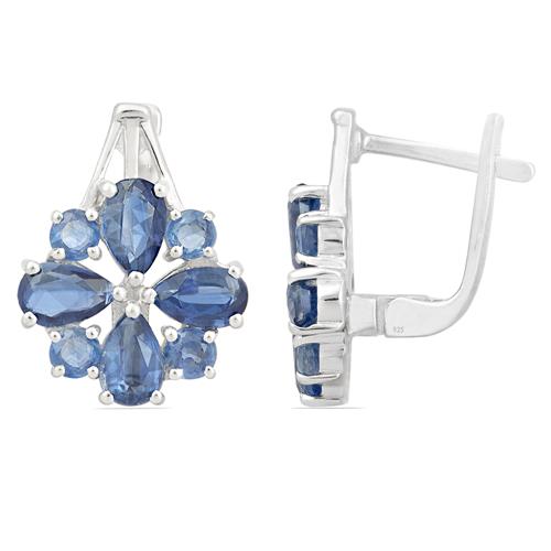 GENUINE BLUE KYANITE GEMSTONE FLOWER EARRINGS IN 925 SILVER 