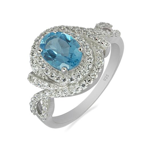 NATURAL SWISS BLUE TOPAZ GEMSTONE HALO RING IN STERLING SILVER