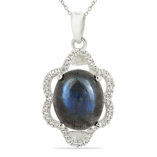 BUY NATURAL LABRADORITE  GEMSTONE HALO PENDANT IN STERLING SILVER