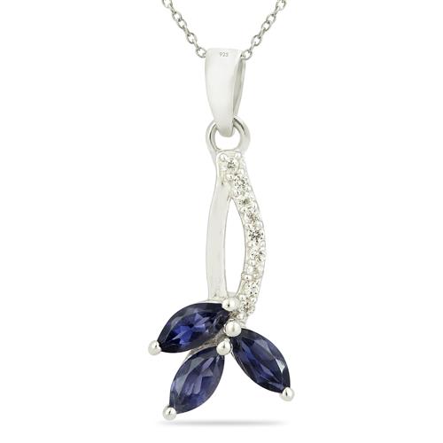 BUY NATURAL IOLITE STONE LEAF PENDANT IN 925 STERLING SILVER