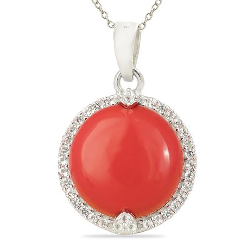 STERLING SILVER COMPRESSED RED CORAL GEMSTONE BIG STONE PENDANT