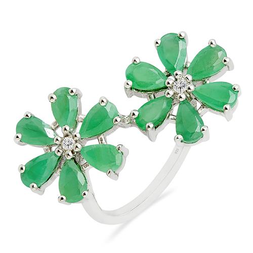 NATURAL EMERALD GEMSTONE FLOWER RING IN 925 STERLING SILVER 