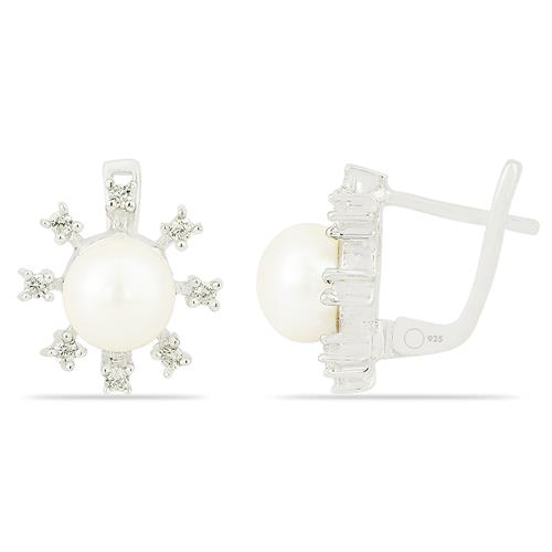 BUY NATURAL WHITE PEARL GEMSTONE STYLISH EARRINGS IN STERLING SILVER