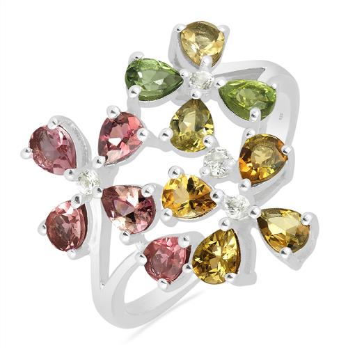 BUY STERLING SILVER NATURAL MULTI TOURMALINE GEMSTONE FLORAL RING