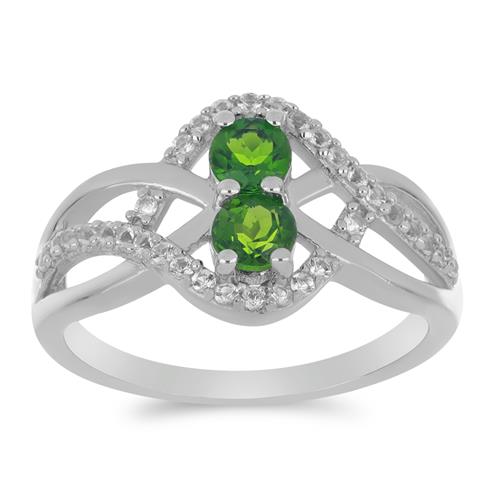 BUY  NATURAL CHROME DIOPSIDE WITH WHITE ZIRCON GEMSTONE CLASSIC RING  IN 925 SILVER