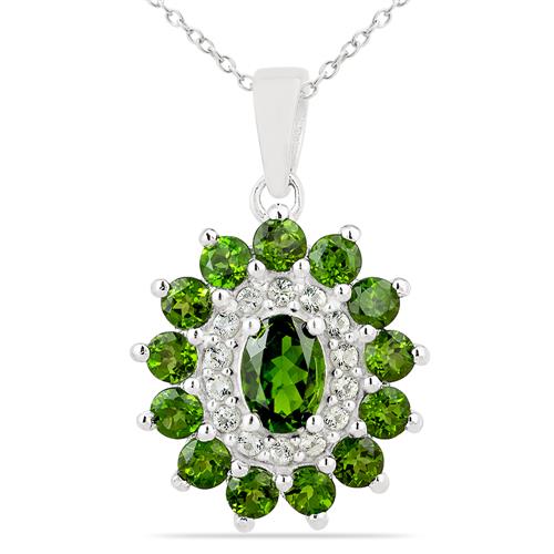 BUY STERLING SILVER NATURAL CHROME DIOPSITE GEMSTONE HALO STYLISH PENDANT