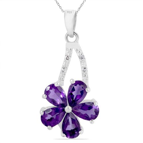 BUY STERLING SILVER NATURAL  AMETHYST GEMSTONE FLOWER PENDANT