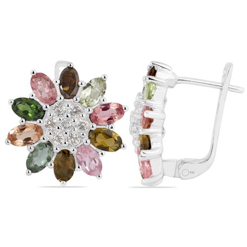 BUY 925 SILVER NATURAL MULTI TOURMALINE GEMSTONE FLORAL EARRINGS