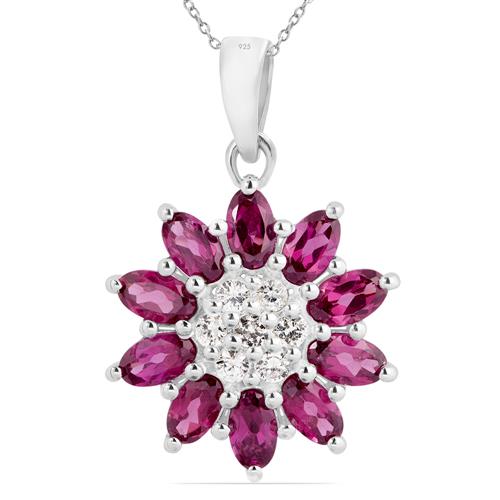 BUY GENUINE  RHODOLITE GEMSTONE FLOWER PENDANT IN STERLING SILVER