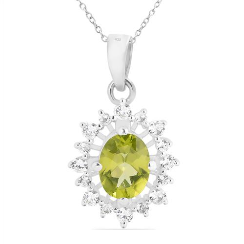 REAL PERIDOT GEMSTONE HALO  PENDANT IN STERLING SILVER