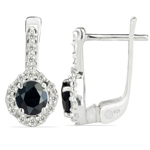 BUY NATURAL BLACK SAPPHIRE GEMSTONE HALO EARRINGS IN 925 SILVER