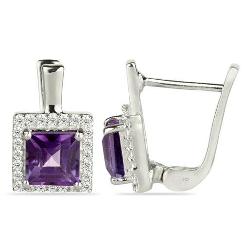 BUY BRAZILIAN AMETHYST GEMSTONE HALO EARRINGS IN STERLING SILVER