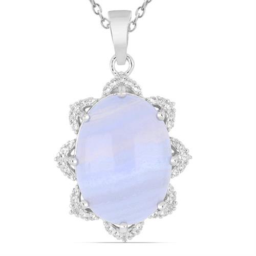 BUY STERLING SILVER BLUE LACE AGATE BIG GEMSTONE STYLISH PENDANT