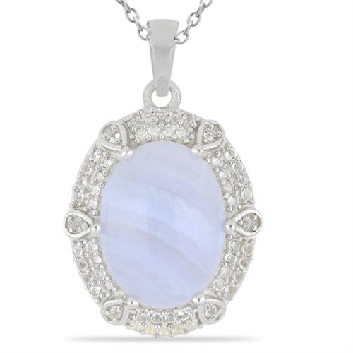 BUY 925 SILVER NATURAL BLUE LACE AGATE GEMSTONE BIG STONE  PENDANT