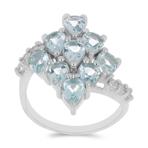 BUY STERLING SILVER NATURAL AQUAMARINE WITH WHITE ZIRCON  GEMSTONE RING 
