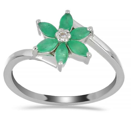 925 STERLING SILVER NATURAL EMERALD FLOWER RING 
