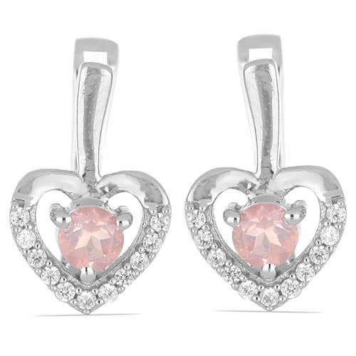 BUY NATURAL ROSE QUARTZ GEMSTONE HEART EARRINGS IN 925 SILVER