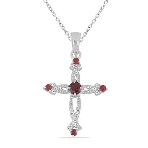 STERLING SILVER NATURAL GLASS FILLED RUBY GEMSTONE CROSS PENDANT