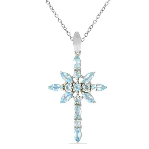 BUY NATURAL AQUAMARINE GEMSTONE CROSS PENDANT IN 925 SILVER