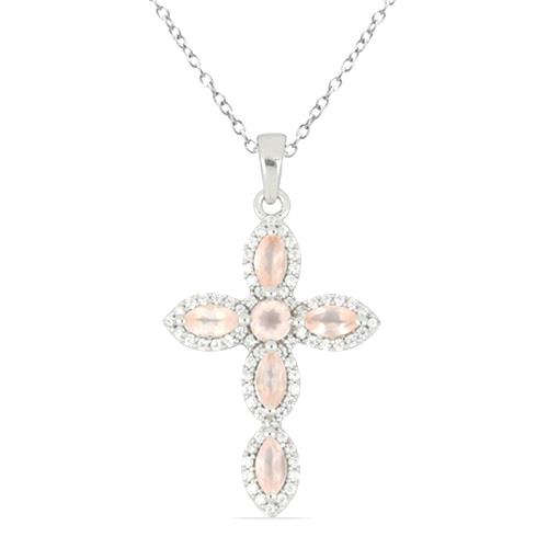 STERLING SILVER REAL ROSE QUARTZ GEMSTONE CROSS PENDANT