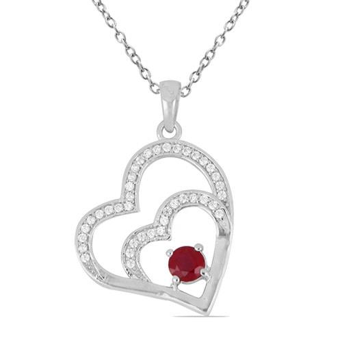 STERLING SILVER NATURAL GLASS FILLED RUBY GEMSTONE HEART PENDANT