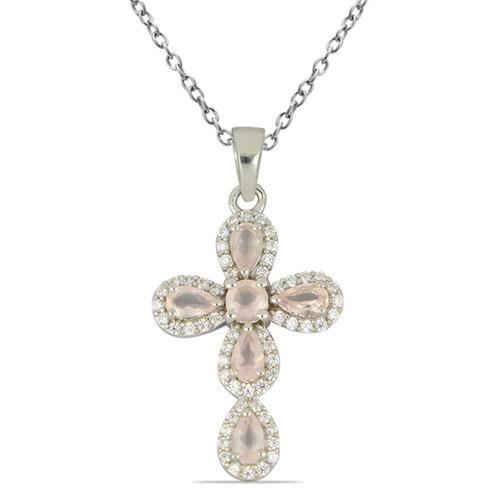 STERLING SILVER  REAL ROSE QUARTZ GEMSTONE CROSS PENDANT