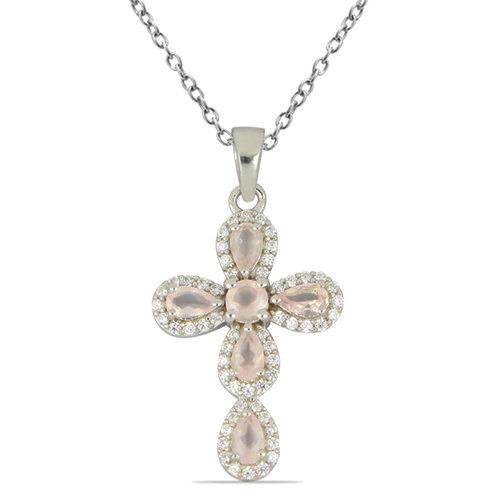 BUY STERLING SILVER  REAL ROSE QUARTZ GEMSTONE CROSS PENDANT