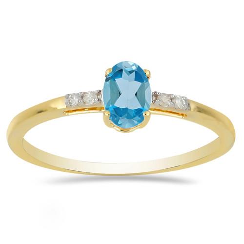 14K GOLD NATURAL LONDON BLUE TOPAZ GEMSTONE CLASSIC RING WITH WHITE DIAMOND