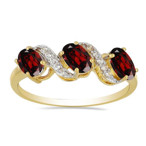 BUY 14K GOLD NATURAL GARNET GEMSTONE THREE STONES WITH WHITE DIAMOND RING