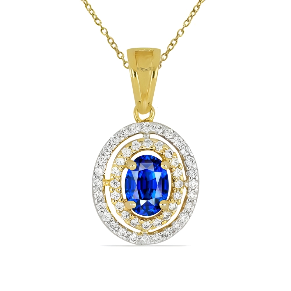 BUY 14K GOLD NATURAL BLUE SAPPHIRE GEMSTONE HALO PENDANT WITH WHITE DIAMOND