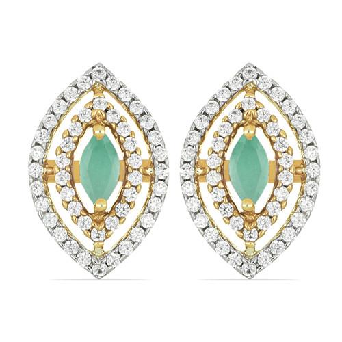 NATURAL EMERALD GEMSTONE 14K GOLD HALO EARRINGS WITH WHITE DIAMOND