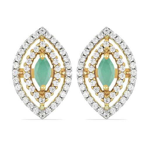 BUY NATURAL EMERALD GEMSTONE 14K GOLD HALO EARRINGS WITH WHITE DIAMOND