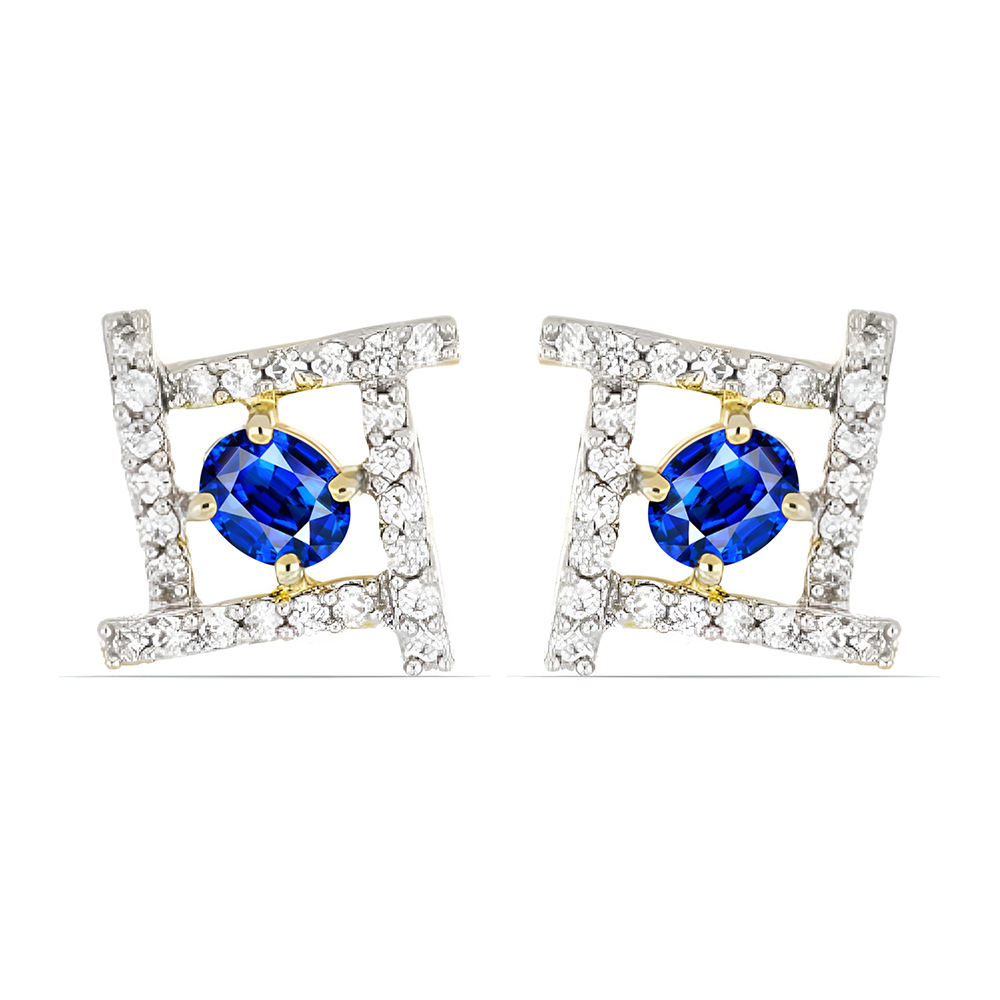 BUY 14K GOLD NATURAL BLUE SAPPHIRE GEMSTONE HALO EARRINGS WITH WHITE DIAMOND