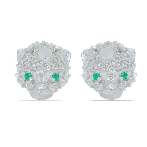 BUY NATURAL EMERALD & WHITE ZIRCON GEMSTONE PANTHER EARRING IN 925 SILVER 
