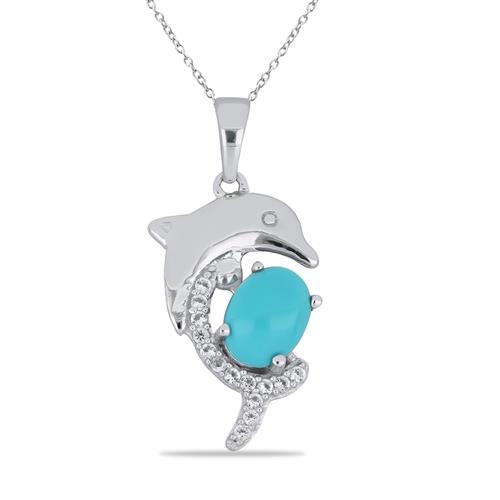 BUY STERLING SILVER NATURAL TURQUOISE & WHITE ZIRCON GEMSTONE FISH PENDANT 