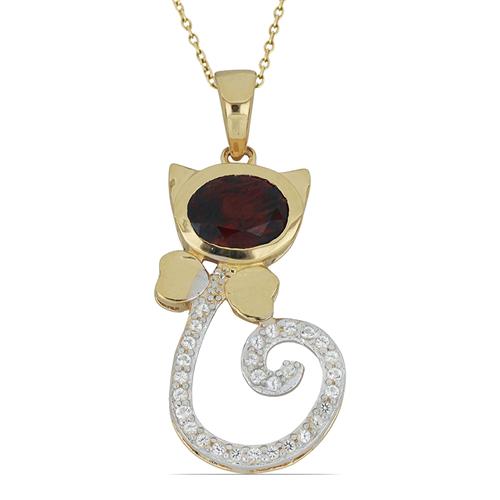 BUY 925 SILVER NATURAL GARNET WITH WHITE ZIRCON GEMSTONE CAT PENDANT 