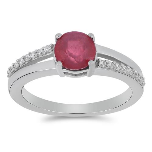 BUY STERLING SILVER GLASS FILLED RUBY WITH WHITE ZIRCON GEMSTONE CLASSIC RING