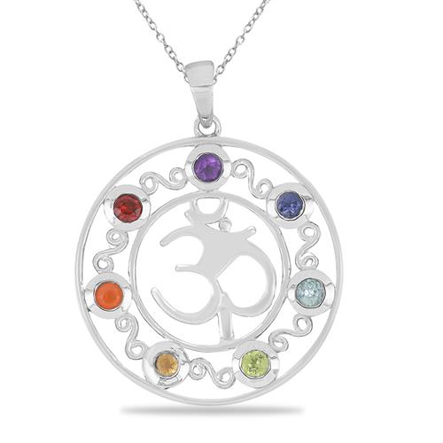 BUY NATURAL CHAKRA STONES OM PENDANT IN 925 SILVER 