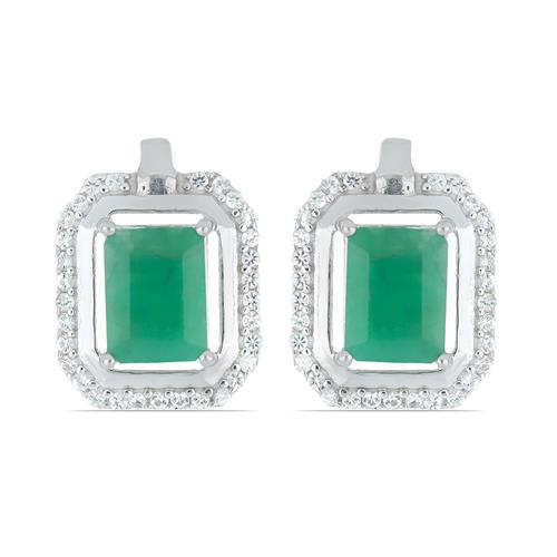 BUY STERLING  SILVER NATURAL EMERALD WITH WHITE ZIRCON GEMSTONE EARRINGS 