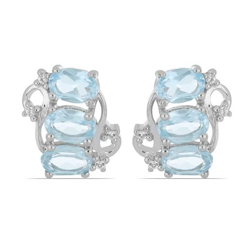 BUY STERLING SILVER NATURAL AQUAMARINE WITH WHITE ZIRCON GEMSTONE EARRINGS 