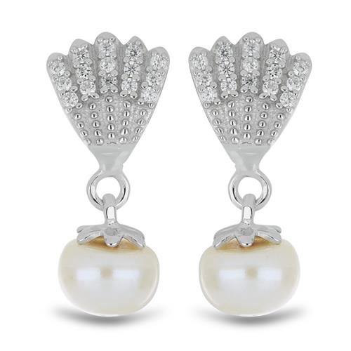 BUY NATURAL WHITE FRESHWATER PEARL & WHITE ZIRCON GEMSTONE EARRINGS IN STERLING SILVER 