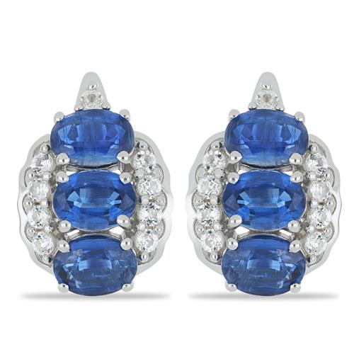 BUY NATURAL BLUE KYANITE GEMSTONE EARRINGS WITH WHITE ZIRCON IN STERLING SILVER