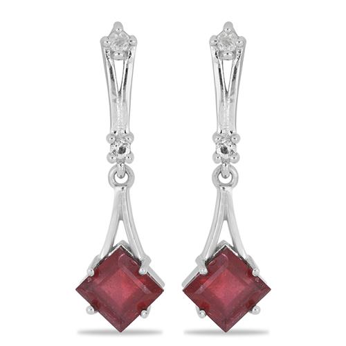 BUY 925 SILVER GLASS FILLED RUBY WITH WHITE ZIRCON GEMSTONE CLASSIC EARRINGS