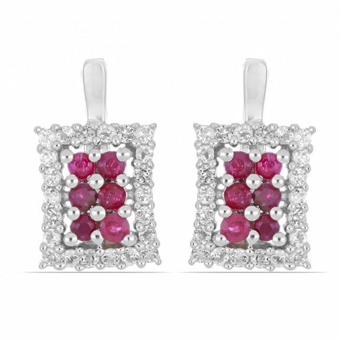 BUY GLASS FILLED RUBY WITH WHITE ZIRCON GEMSTONE EARRINGS IN 925 SILVER 