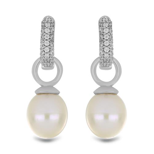 BUY STERLING SILVER NATURAL WHITE FRESHWATER PEARL  WITH WHITE ZIRCON GEMSTONE EARRINGS 