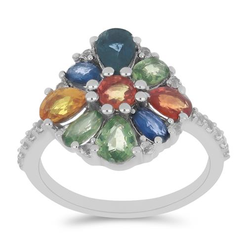 BUY NATURAL MULTI SAPPHIRE GEMSTONE CLUSTER RING IN STERLING SILVER 