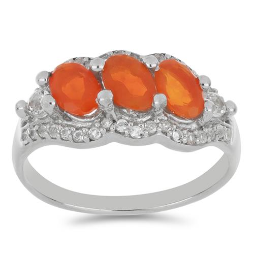 BUY STERLING SILVER NATURAL ORANGE ETHIOPIAN OPAL WITH WHITE ZIRCON GEMSTONE RING 