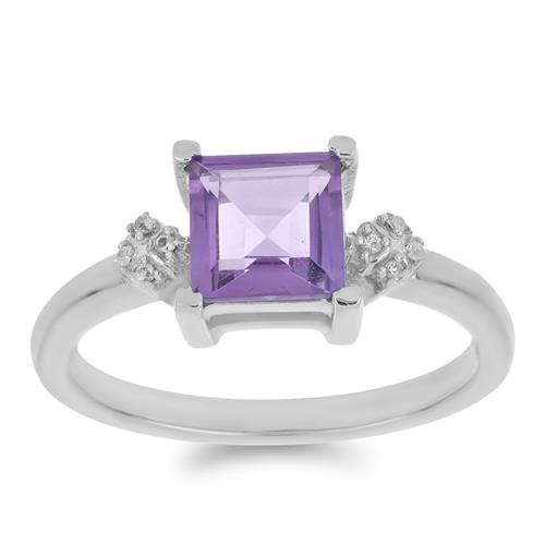 BUY 925 SILVER NATURAL BRAZILIAN AMETHYST WITH  WHITE ZIRCON GEMSTONE CLASSIC RING