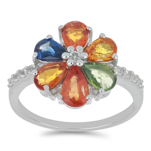 BUY NATURAL MULTI SAPPHIRE WITH WHITE ZIRCON GEMSTONE RING IN  925 SILVER 