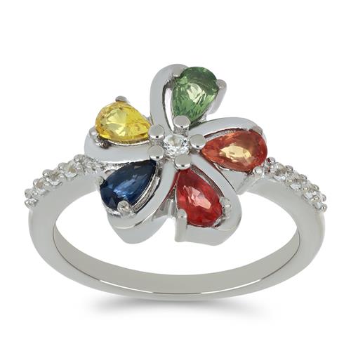 BUY 925 SILVER MULTI SAPPHIRE WITH WHITE ZIRCON GEMSTONE RING 